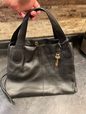 Fossil Black Pebbled Leather Tote with Key Charm